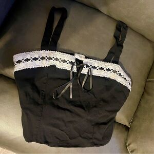 Black Top with Lace Trim and decorative ribbon tie